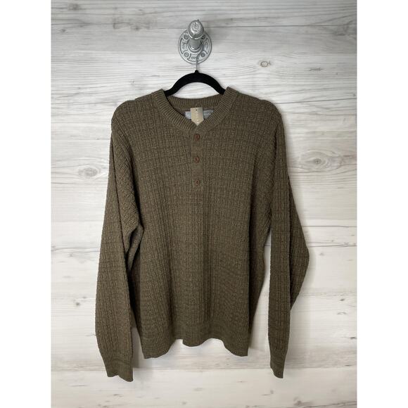 Oscar de la Renta Sweater Mens Large Olive Brown Henley Waffle Knit Long Sleeve - Picture 1 of 10